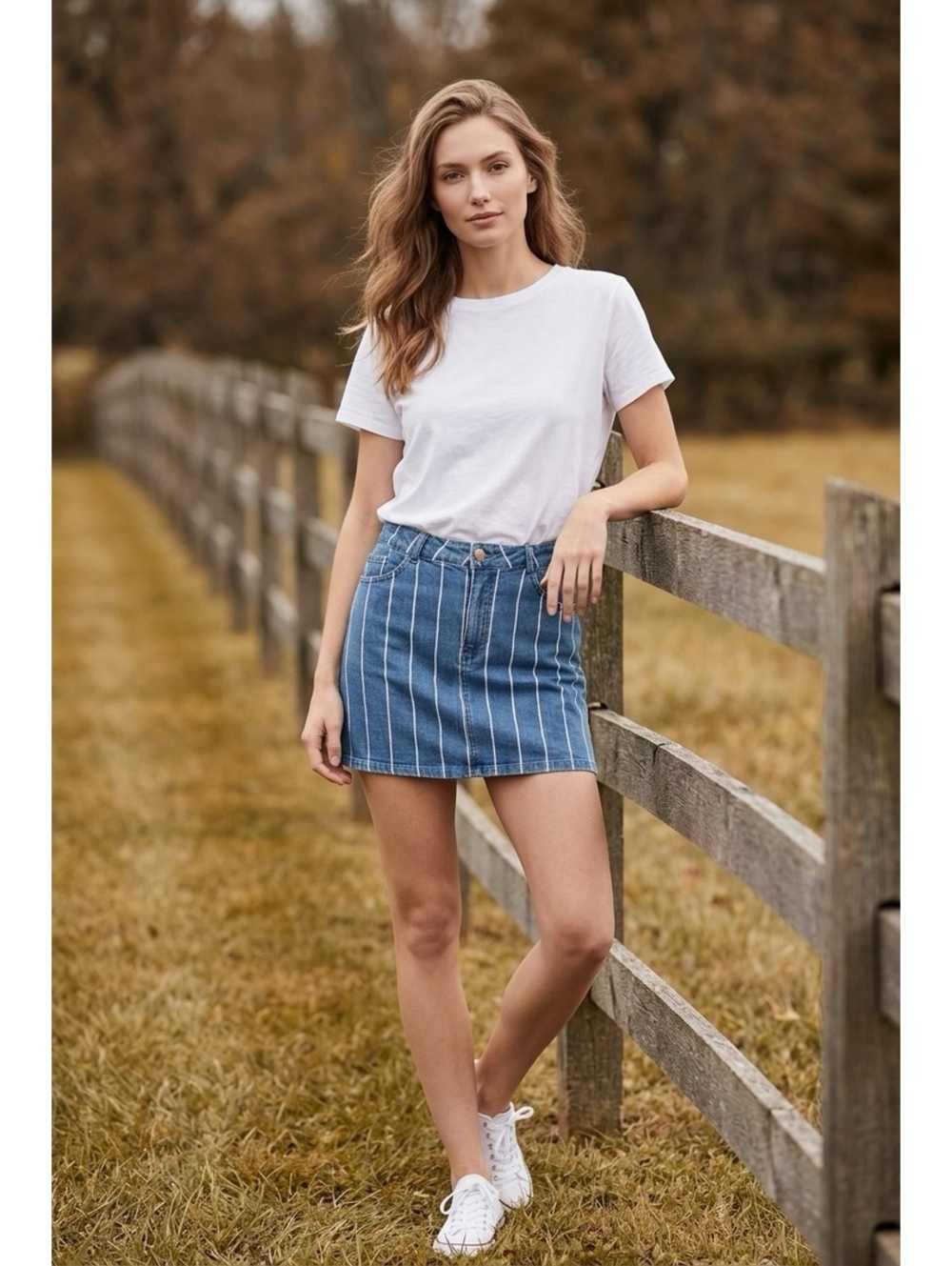Altar'd State Vertical Blue and White Striped Denim Mini Skirt Size L